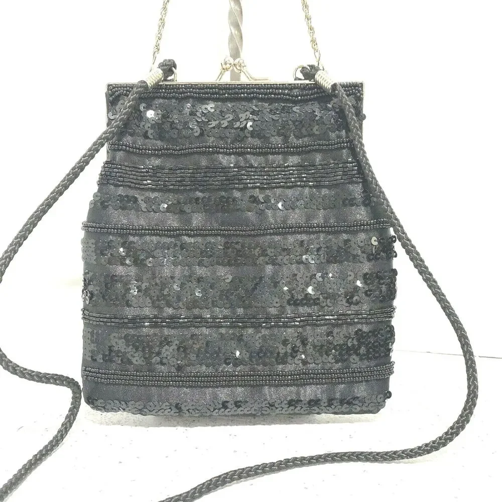 Vintage 90's La Regale Black Satin Evening Bag Converts to Elegant Clutch Purse